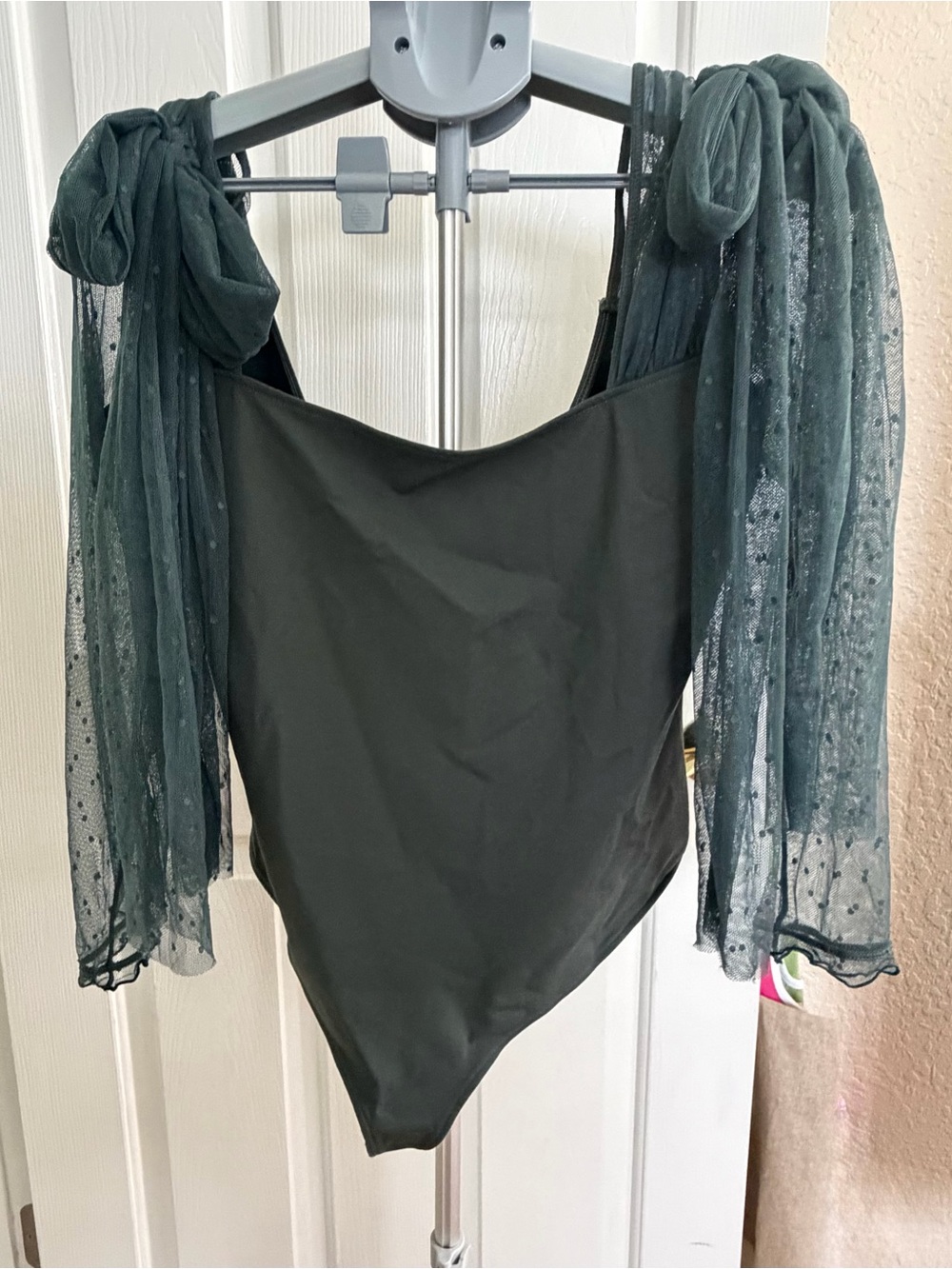 Free People Teal Lace-Tie Sleeve Bodysuit